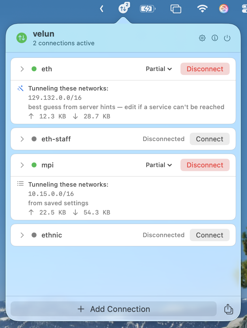 velun popover showing two active VPN connections with split-tunnel subnet details